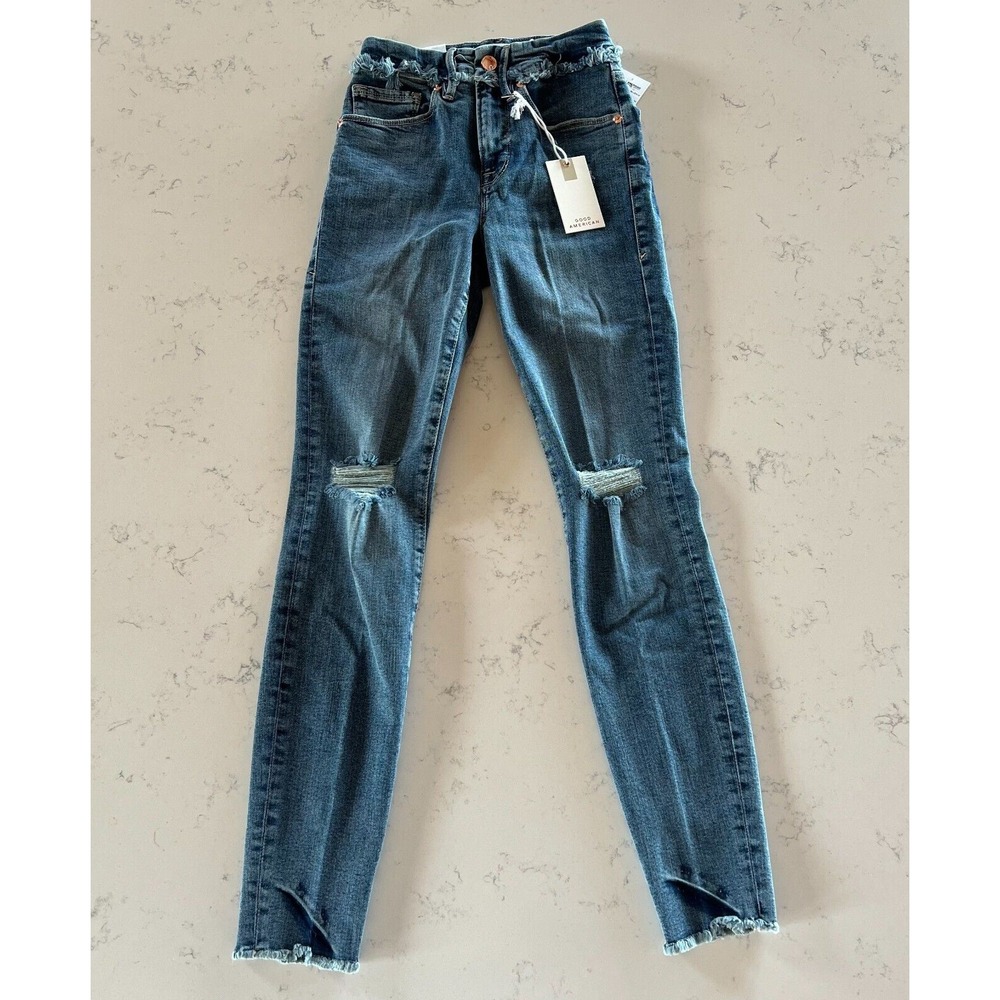 Good American Good Legs Jeans Skinny Distressed Raw Hem Stretch Size 00/24 NEW